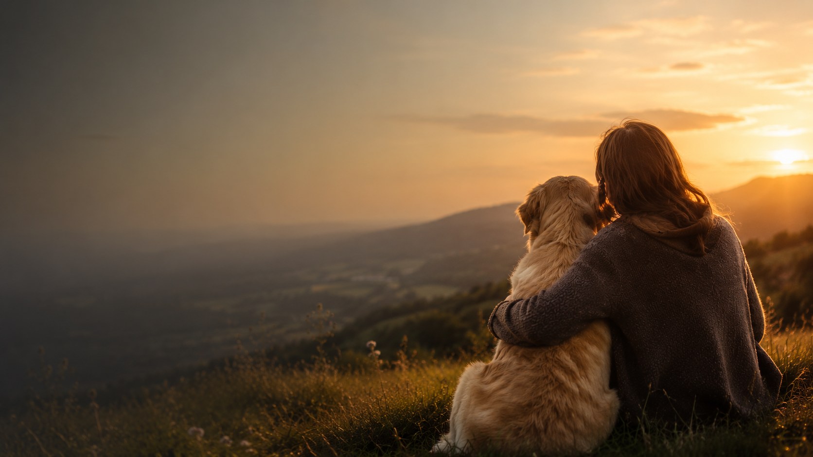 A woman sits with her arm around her golden retriever, looking out over a South Wales valley at sunset.